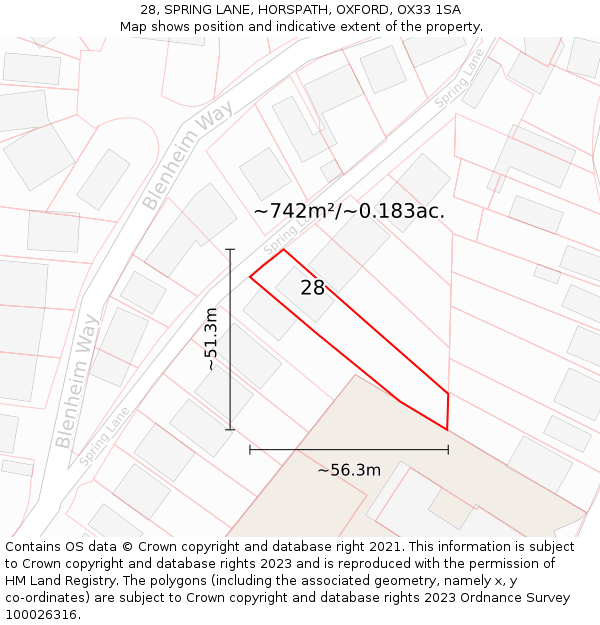 28, SPRING LANE, HORSPATH, OXFORD, OX33 1SA: Plot and title map