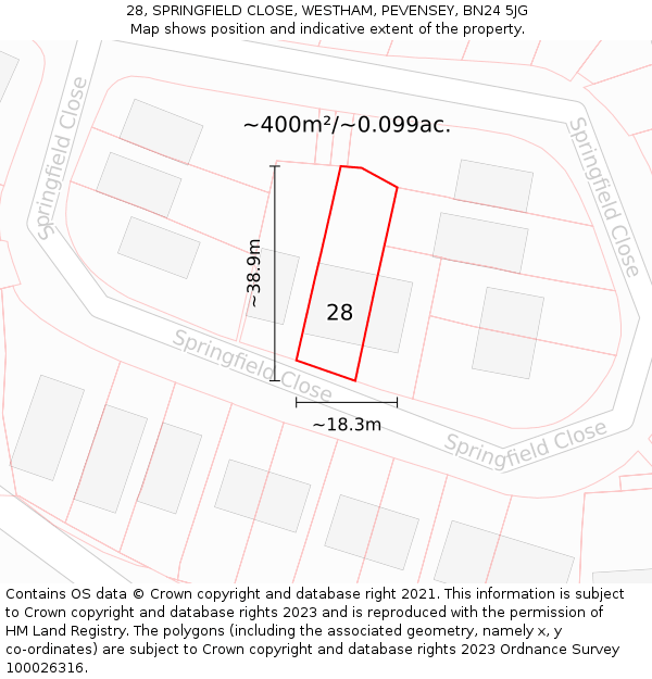 28, SPRINGFIELD CLOSE, WESTHAM, PEVENSEY, BN24 5JG: Plot and title map