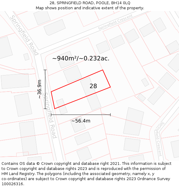 28, SPRINGFIELD ROAD, POOLE, BH14 0LQ: Plot and title map