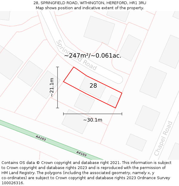 28, SPRINGFIELD ROAD, WITHINGTON, HEREFORD, HR1 3RU: Plot and title map