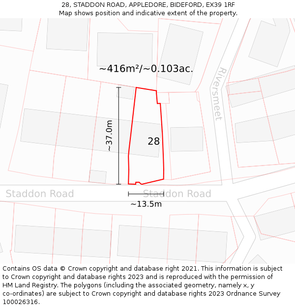 28, STADDON ROAD, APPLEDORE, BIDEFORD, EX39 1RF: Plot and title map