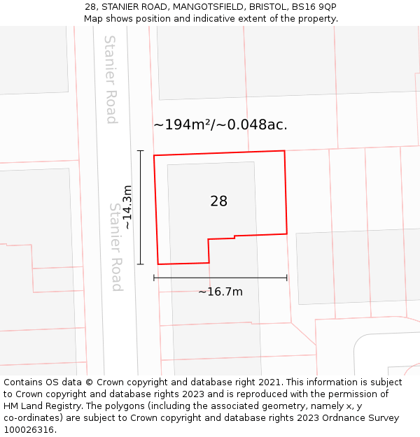 28, STANIER ROAD, MANGOTSFIELD, BRISTOL, BS16 9QP: Plot and title map