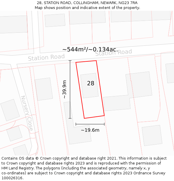 28, STATION ROAD, COLLINGHAM, NEWARK, NG23 7RA: Plot and title map