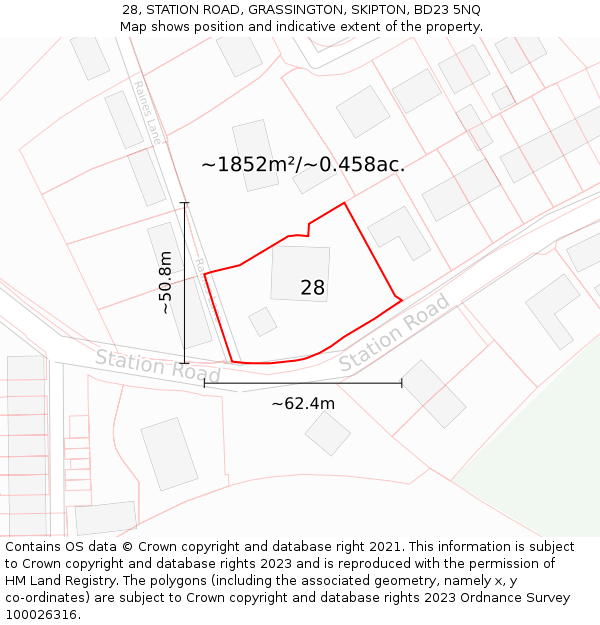 28, STATION ROAD, GRASSINGTON, SKIPTON, BD23 5NQ: Plot and title map