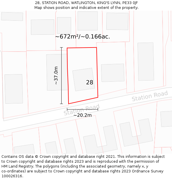 28, STATION ROAD, WATLINGTON, KING'S LYNN, PE33 0JF: Plot and title map