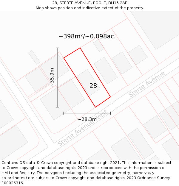 28, STERTE AVENUE, POOLE, BH15 2AP: Plot and title map