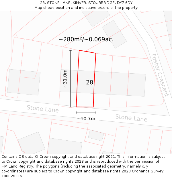 28, STONE LANE, KINVER, STOURBRIDGE, DY7 6DY: Plot and title map