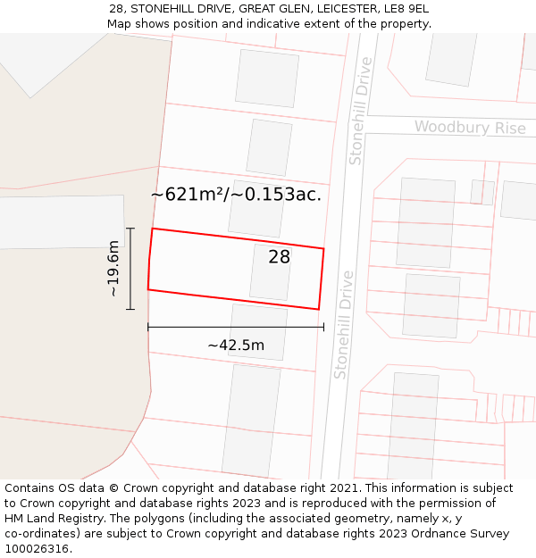 28, STONEHILL DRIVE, GREAT GLEN, LEICESTER, LE8 9EL: Plot and title map