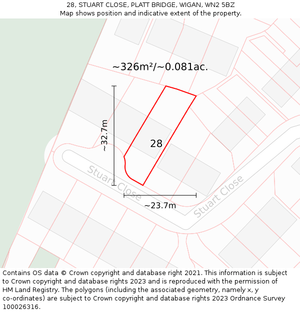 28, STUART CLOSE, PLATT BRIDGE, WIGAN, WN2 5BZ: Plot and title map