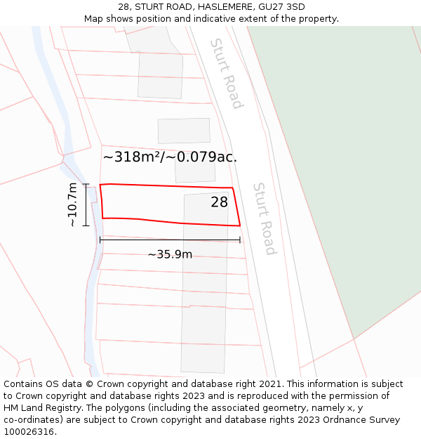 28, STURT ROAD, HASLEMERE, GU27 3SD: Plot and title map
