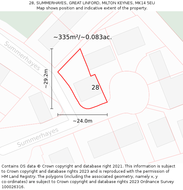 28, SUMMERHAYES, GREAT LINFORD, MILTON KEYNES, MK14 5EU: Plot and title map