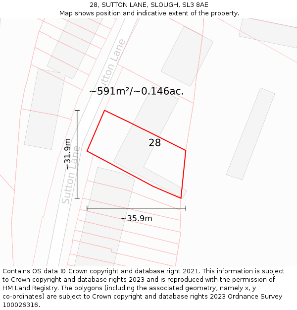 28, SUTTON LANE, SLOUGH, SL3 8AE: Plot and title map