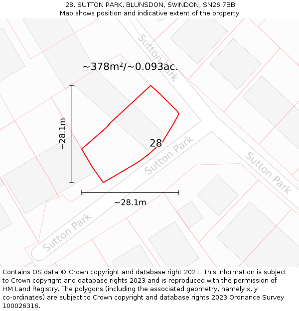 28, SUTTON PARK, BLUNSDON, SWINDON, SN26 7BB: Plot and title map