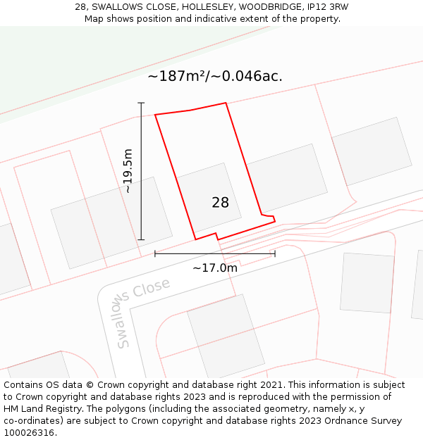28, SWALLOWS CLOSE, HOLLESLEY, WOODBRIDGE, IP12 3RW: Plot and title map