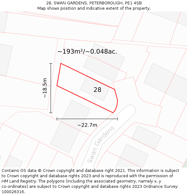 28, SWAN GARDENS, PETERBOROUGH, PE1 4SB: Plot and title map