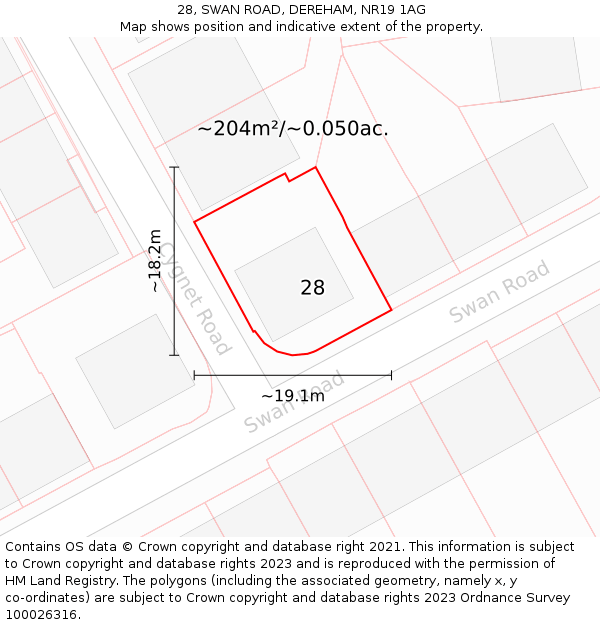 28, SWAN ROAD, DEREHAM, NR19 1AG: Plot and title map