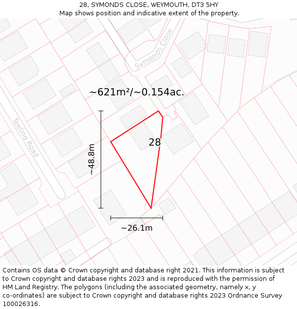 28, SYMONDS CLOSE, WEYMOUTH, DT3 5HY: Plot and title map