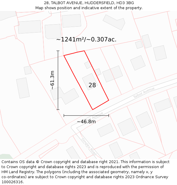 28, TALBOT AVENUE, HUDDERSFIELD, HD3 3BG: Plot and title map