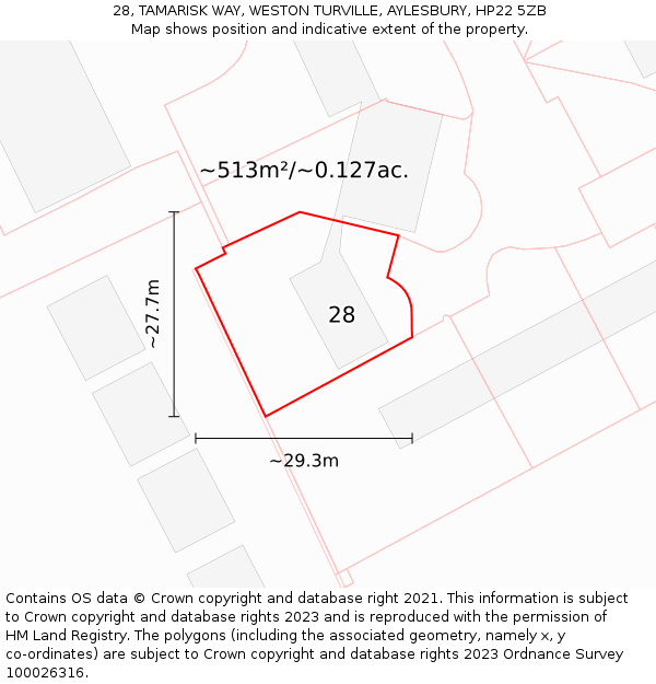 28, TAMARISK WAY, WESTON TURVILLE, AYLESBURY, HP22 5ZB: Plot and title map