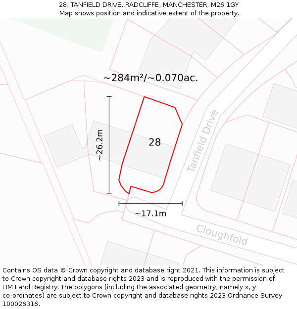 28, TANFIELD DRIVE, RADCLIFFE, MANCHESTER, M26 1GY: Plot and title map