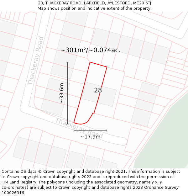 28, THACKERAY ROAD, LARKFIELD, AYLESFORD, ME20 6TJ: Plot and title map