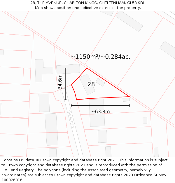 28, THE AVENUE, CHARLTON KINGS, CHELTENHAM, GL53 9BL: Plot and title map