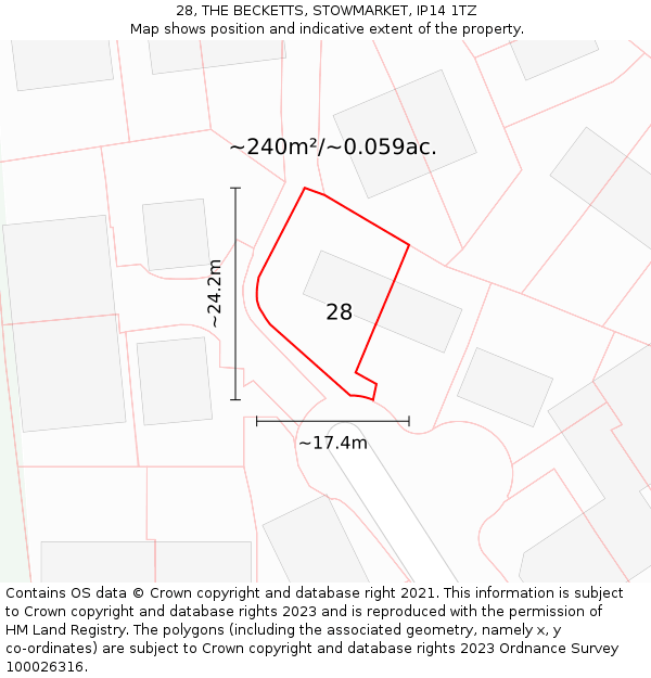 28, THE BECKETTS, STOWMARKET, IP14 1TZ: Plot and title map