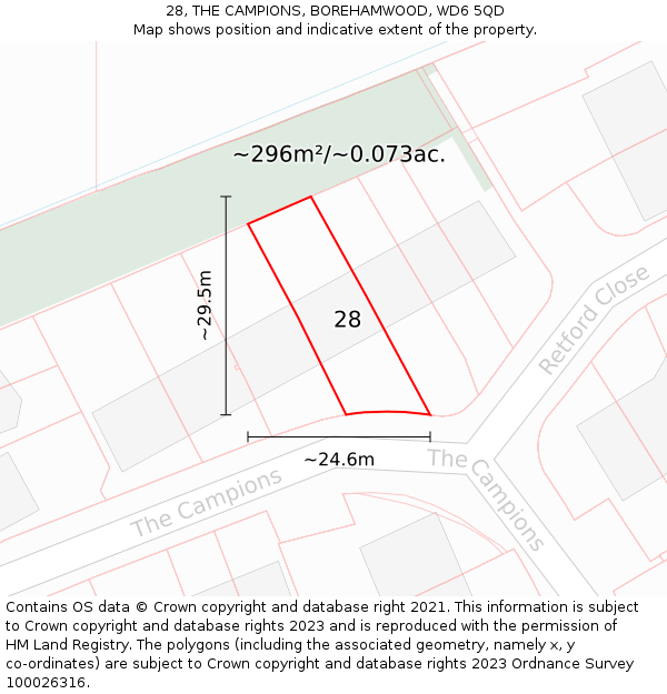 28, THE CAMPIONS, BOREHAMWOOD, WD6 5QD: Plot and title map