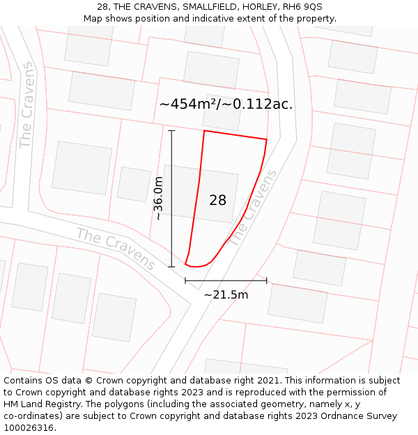 28, THE CRAVENS, SMALLFIELD, HORLEY, RH6 9QS: Plot and title map