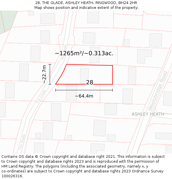 28, THE GLADE, ASHLEY HEATH, RINGWOOD, BH24 2HR: Plot and title map