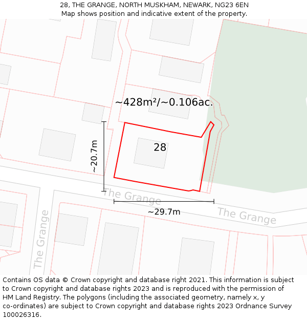 28, THE GRANGE, NORTH MUSKHAM, NEWARK, NG23 6EN: Plot and title map