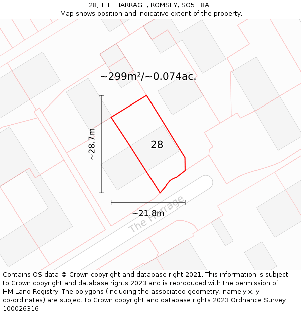 28, THE HARRAGE, ROMSEY, SO51 8AE: Plot and title map