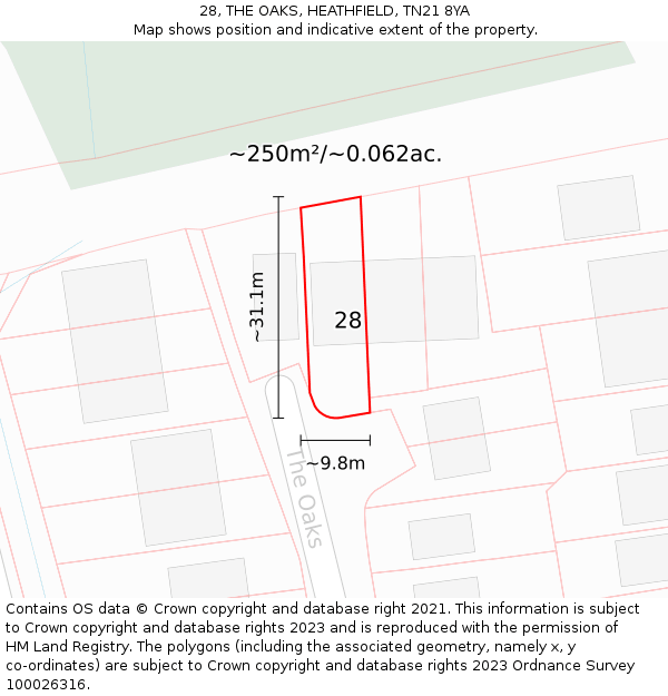 28, THE OAKS, HEATHFIELD, TN21 8YA: Plot and title map