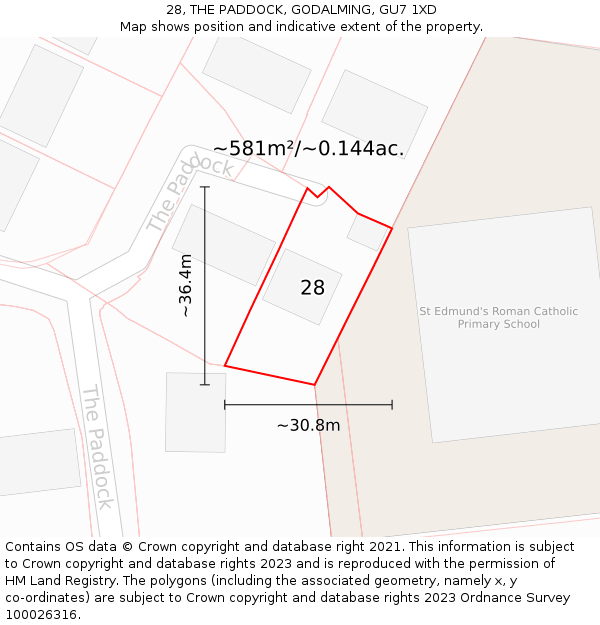 28, THE PADDOCK, GODALMING, GU7 1XD: Plot and title map