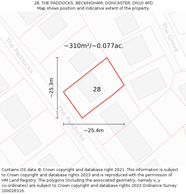 28, THE PADDOCKS, BECKINGHAM, DONCASTER, DN10 4PD: Plot and title map