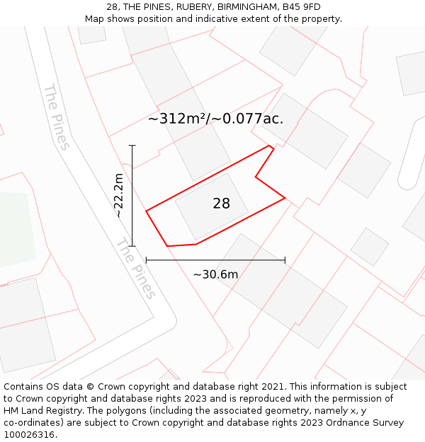 28, THE PINES, RUBERY, BIRMINGHAM, B45 9FD: Plot and title map