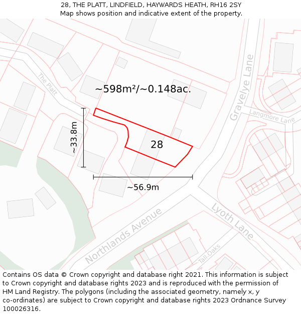 28, THE PLATT, LINDFIELD, HAYWARDS HEATH, RH16 2SY: Plot and title map