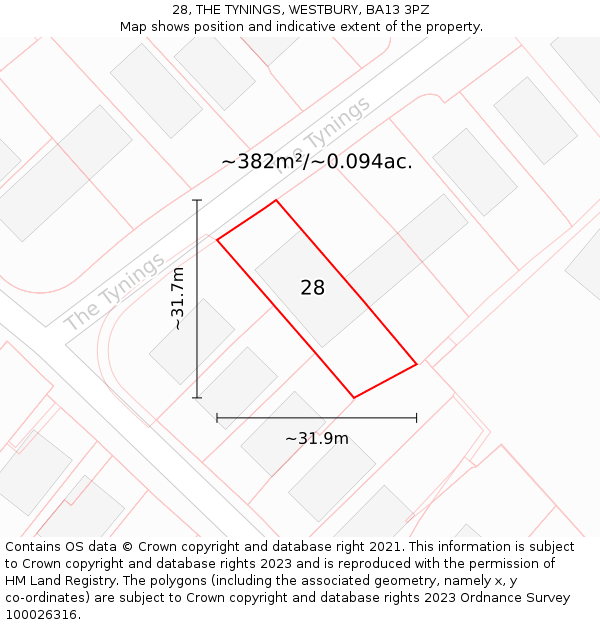 28, THE TYNINGS, WESTBURY, BA13 3PZ: Plot and title map