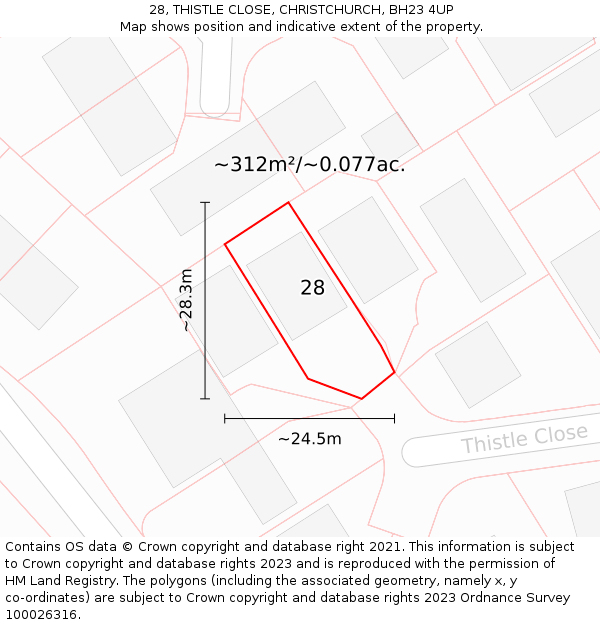 28, THISTLE CLOSE, CHRISTCHURCH, BH23 4UP: Plot and title map