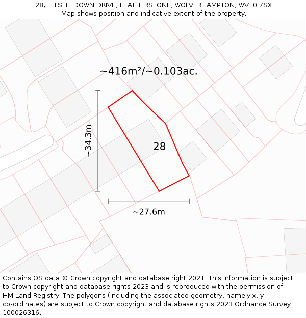 28, THISTLEDOWN DRIVE, FEATHERSTONE, WOLVERHAMPTON, WV10 7SX: Plot and title map