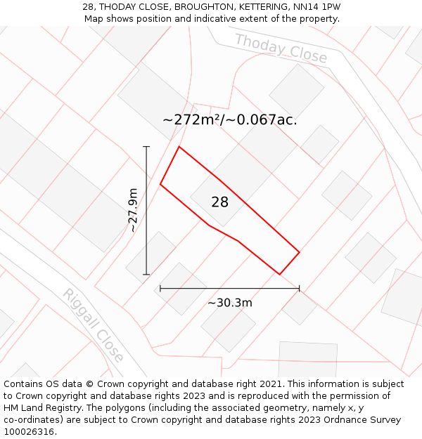 28, THODAY CLOSE, BROUGHTON, KETTERING, NN14 1PW: Plot and title map