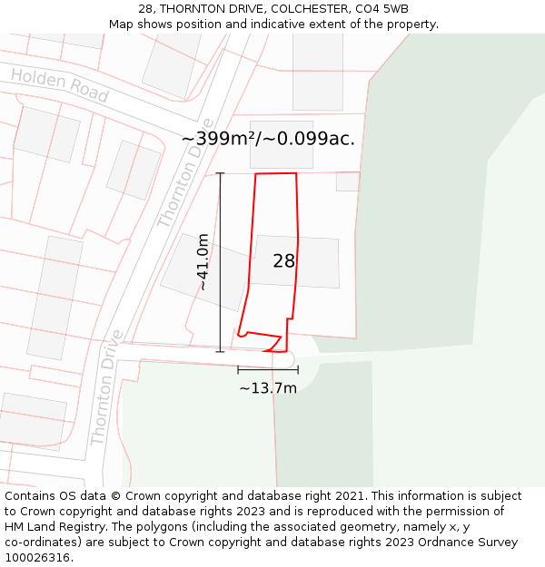 28, THORNTON DRIVE, COLCHESTER, CO4 5WB: Plot and title map