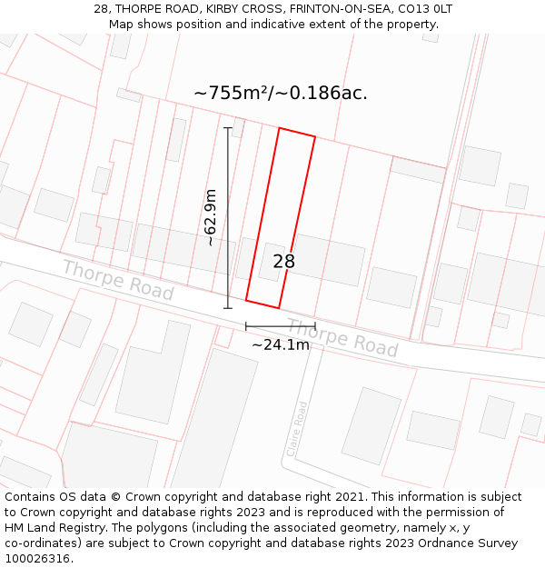 28, THORPE ROAD, KIRBY CROSS, FRINTON-ON-SEA, CO13 0LT: Plot and title map