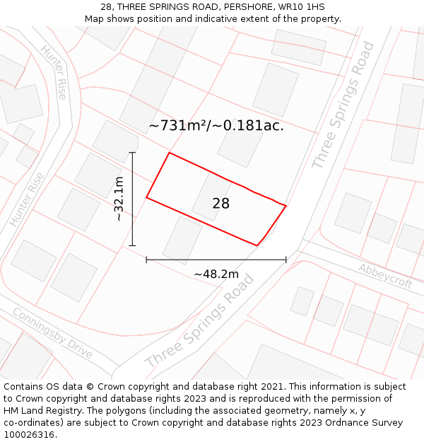 28, THREE SPRINGS ROAD, PERSHORE, WR10 1HS: Plot and title map