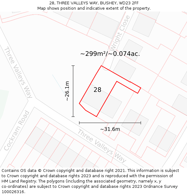 28, THREE VALLEYS WAY, BUSHEY, WD23 2FF: Plot and title map