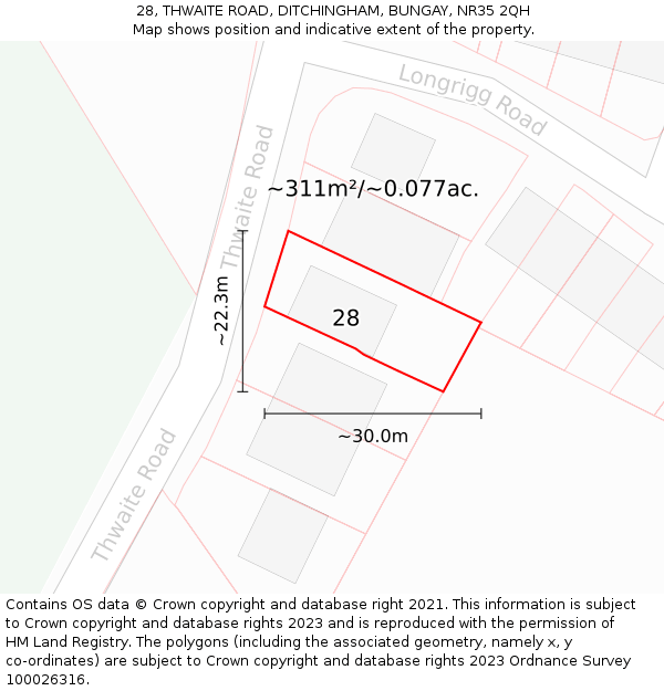 28, THWAITE ROAD, DITCHINGHAM, BUNGAY, NR35 2QH: Plot and title map