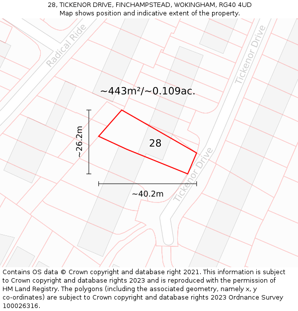 28, TICKENOR DRIVE, FINCHAMPSTEAD, WOKINGHAM, RG40 4UD: Plot and title map