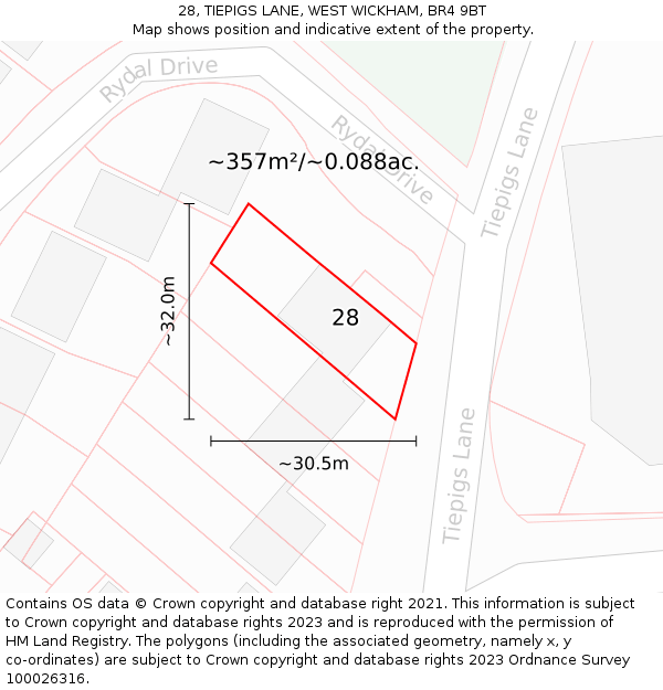 28, TIEPIGS LANE, WEST WICKHAM, BR4 9BT: Plot and title map