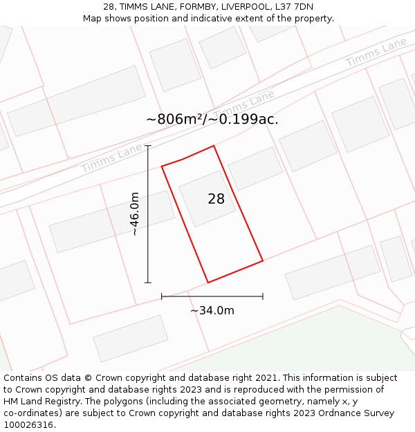 28, TIMMS LANE, FORMBY, LIVERPOOL, L37 7DN: Plot and title map