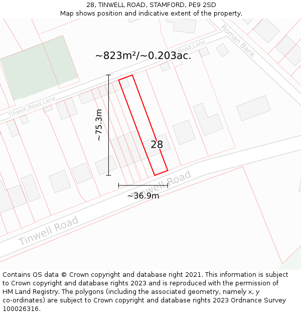 28, TINWELL ROAD, STAMFORD, PE9 2SD: Plot and title map